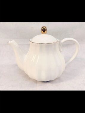 White Porcelain Teapot with Gold Trim and Knob